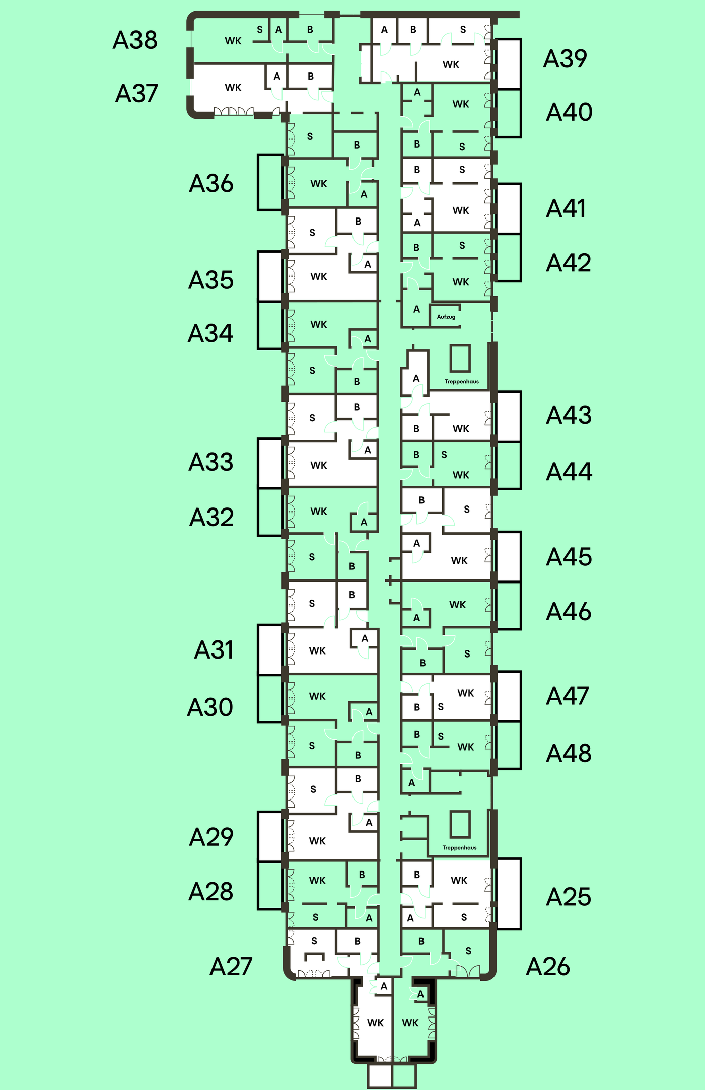 Grundriss 1. Obergeschoss – Einheiten A25–A48
