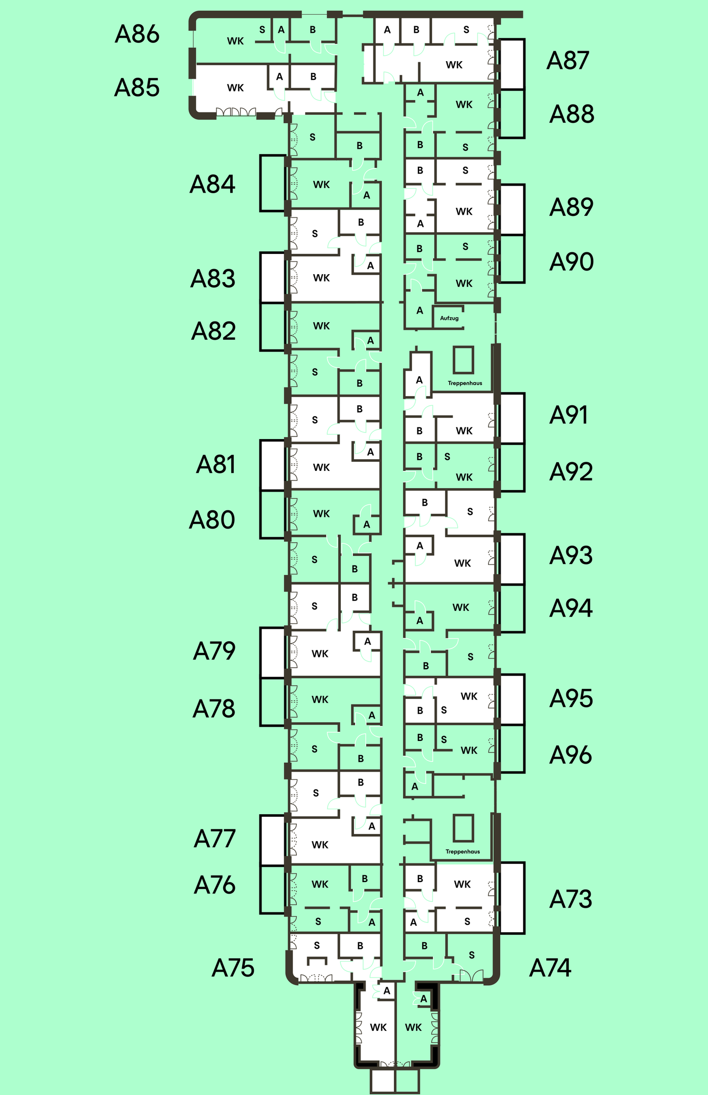Grundriss 3. Obergeschoss – Einheiten A73–A96
